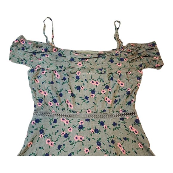 NWT Verte Olive Green Pink Floral Summer Cold Shoulder Pretty Dress Size: Large - Picture 6 of 10